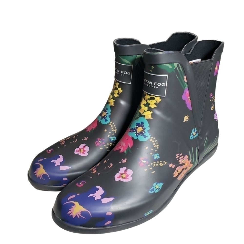London Fog Piccadilly Black Floral Rain Boots Sz 9M